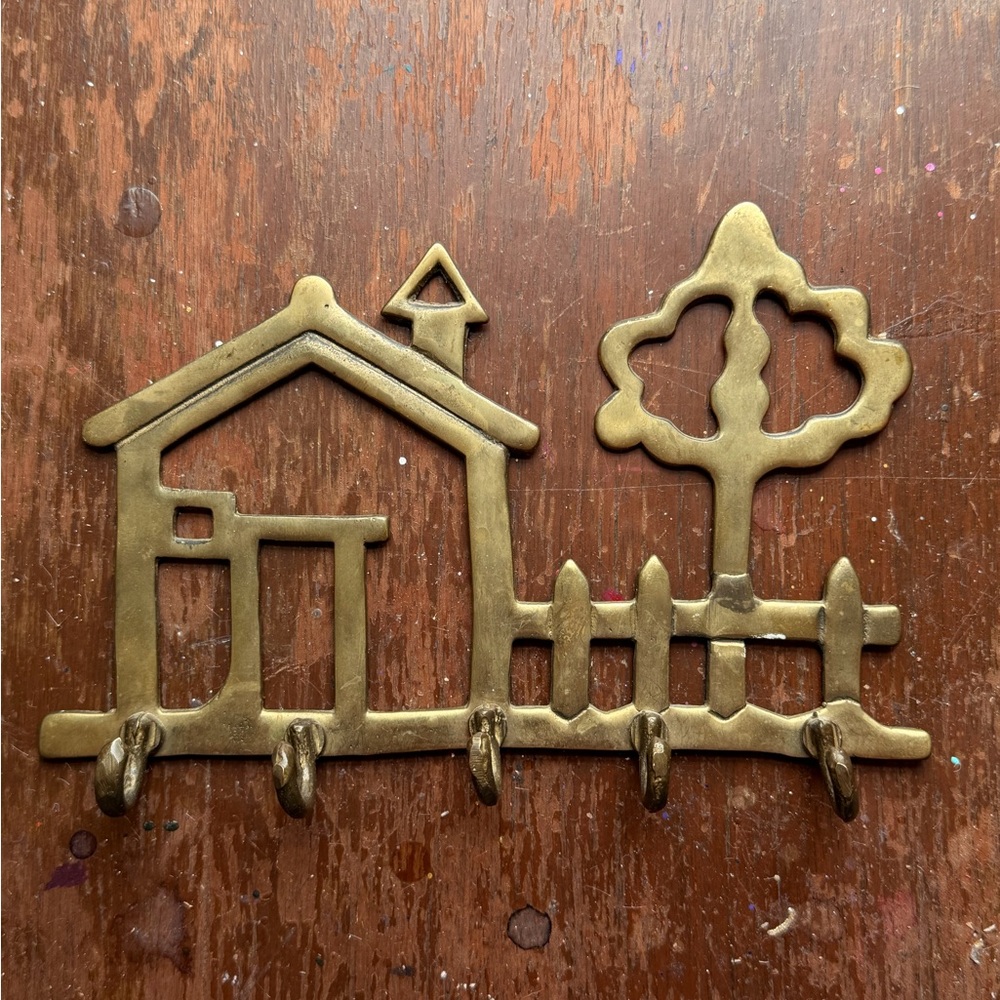 Vintage Solid Brass 5-Hook Wall Hanging House Tree & Fence Key Holder Decor